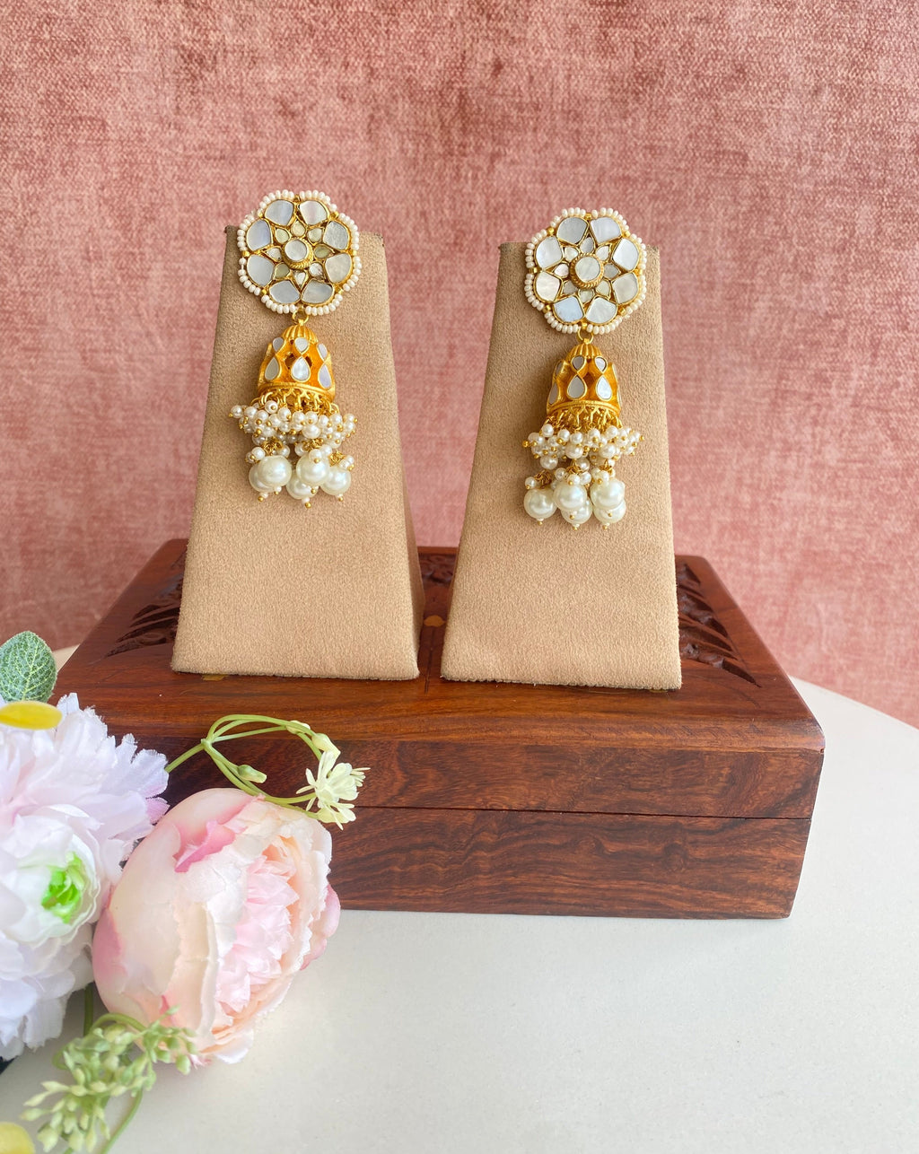 Buy 22k Petal and Pearl Gold Jhumka Earrings Online from Vaibhav Jewellers